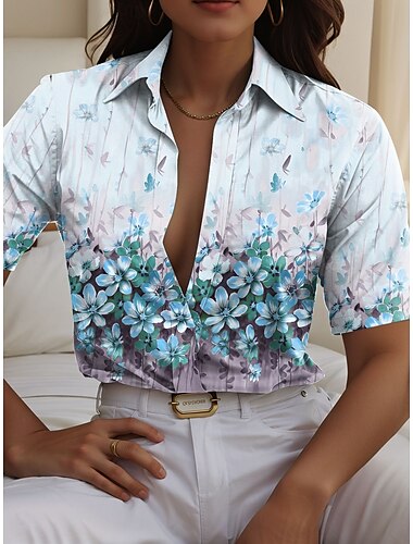  Damen Hemd Blumen Graphic Täglich Stilvoll Kurzarm Hemdkragen Normale Oberteile Täglich Blau Purpur Grün Sommer Frühling