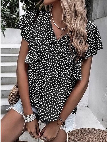  Dame T skjorte Polkadotter Mote Moderne Kortermet V-hals Vanlige topper Daglig Drapering Trykt mønster Svart Gul Rød Blå Himmelblå Sommer