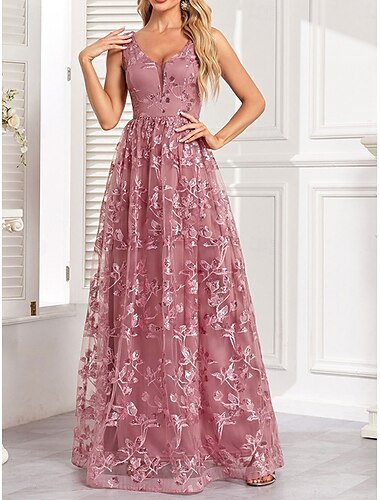  A-Linjeklänningar Quinceanera Elegant Klänning Bröllop Bröllop Gäst Golvlängd utan ärmar V-Hals Tyll Rygglös med Fickor