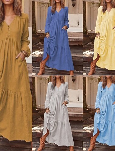  Per donna Abito Midi Finto cotone e lino Vestito a caftano Moda Essenziale Moderno Quotidiano All'aperto Ferie Vestibilità regolare Semplice Manica Lunga Scollo a V Giallo Chiaro Nero Vino Blu marino