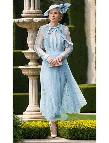  A-Linien-Kleid für die Mutter der Braut, elegant, schlicht, Hemdkragen, Tupfen, bodenlang, Schleifen, Chiffon, lange Ärmel mit Spitzenapplikationen 2025
