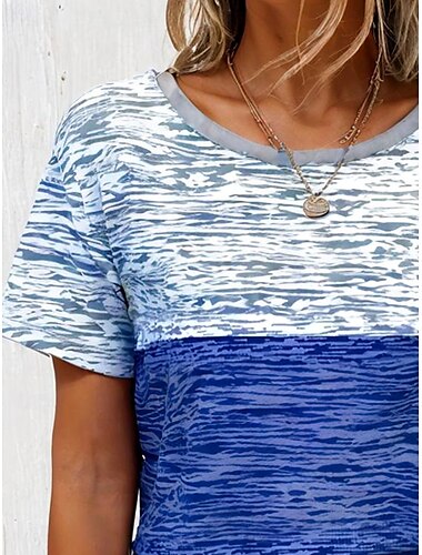  Mujer Camiseta Graphic Geométrico Elegante Casual Manga Corta Escote Redondo Tops regulares Diario Fin de semana Estampado Azul Piscina Verano
