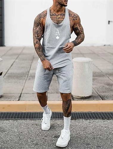  Hombre Tracksuit Conjunto de atuendo Bermudas Escote en U Profunda Exterior Diario Deportes Bolsillo Correa 2 Piezas Póker Negro Amarillo Gris Poliéster Ropa de Deporte Clásico Casual Verano