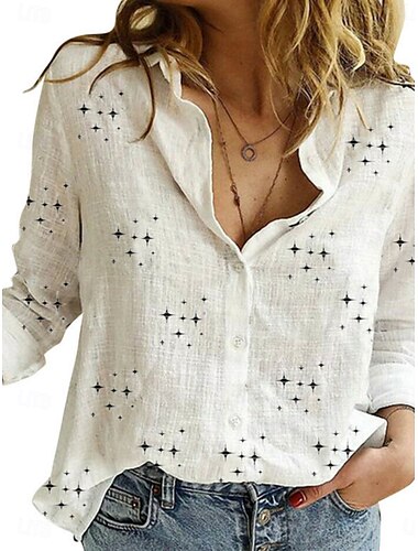  Dames Katoen Linnen Shirt Ster Stijlvol Casual Lange Mouwen Shirt Kraag Reguliere Tops Dagelijks Knopen Print Wit Geel Roze Grijs Zomer Lente