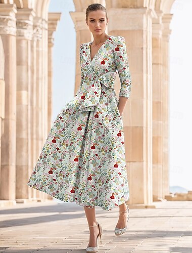  Vestidos de cóctel Jacquard Floral A-Line Elegante Formal Boda Largo hasta el Tobillo Manga Corta Escote en V Nailon con Estampado Floral Vestido de Invitada de Boda 2025