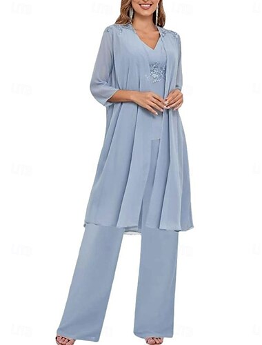  Kleid-Sets Brautmutterkleid Hochzeitsgast Elegant Einfach V Ausschnitt Bodenlang Polyester Langarm mit Einfarbig 2025