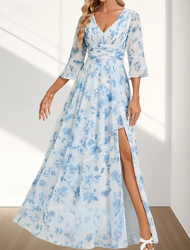  A-Linie Brautmutterkleid Hochzeitsgast Elegantes V-Ausschnitt Bodenlange Chiffon 3/4-Länge Ärmel mit Falten gerafftem Splitschößchen Hochzeitsgastkleid 2025