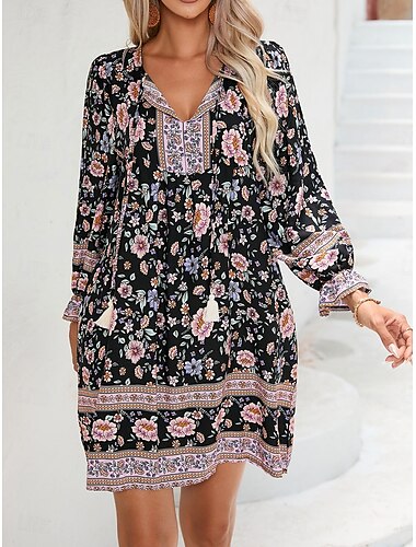  Damen Mini Kleid Shift Kleid Sportkleid Urlaub Urlaub Alltag Reguläre Passform Grafisch Langarm V-Ausschnitt Schwarz Sommer