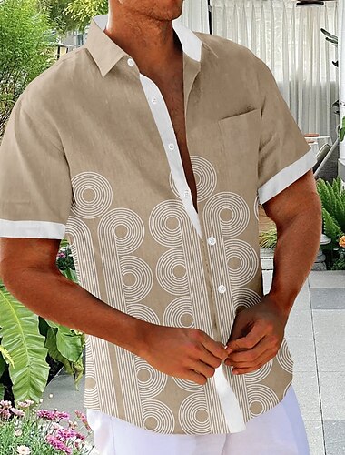  Men's Geometric Shirt Button Up Shirt Short Sleeve Fashion Casual Vacation Holiday Streetwear Summer Turndown 3D Print Front One Pocket Linen Like Shirt Pink Blue Khaki