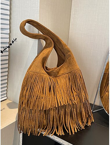  Boho-Umhängetasche mit Fransen für Damen, Hobo-Handtasche – Vintage-Handtasche aus Wildlederimitat für Musikfestivals, Freizeitausflüge und Reisen