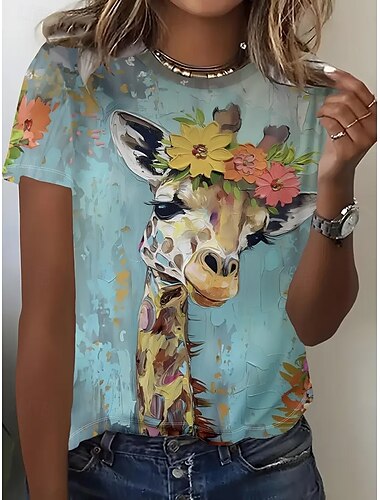  Per donna maglietta Top estivi Pop art Animali Classico Informale Manica corta Girocollo Top corti Giornaliero Fine settimana Stampa Arcobaleno Estate Primavera Autunno