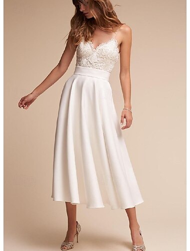  Robe blanche petite graduation Engagement Robes de mariage A-Line V Col Bretelles spaghetti Sans manches Longueur cheville Chiffon Robes de mariée Avec Sash  Ruban