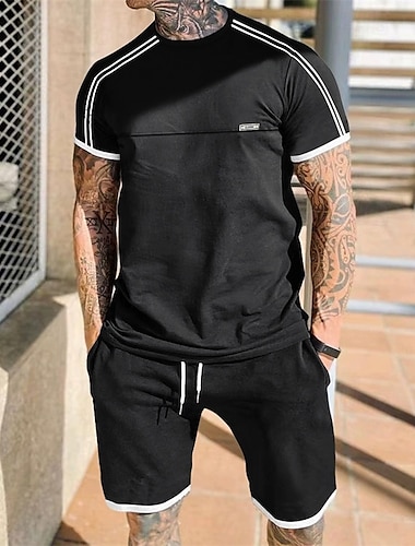  Hombre Tracksuit Camiseta y pantalones cortos Conjunto de atuendo Cuello Barco Exterior Diario Deportes Bolsillo Correa Retazos Negro Rojo Gris Ligero Poliéster Ropa de Deporte Ropa de calle Ligeras