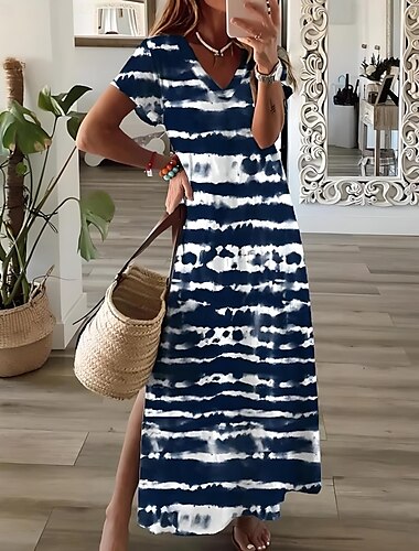  Damen Maxikleid Sommerkleid A Linie Kleid Urlaub Lässig Ausgehen Strand Normale Passform Blumen Grafik Kurzarm V Ausschnitt Blau Grün Frühling Herbst