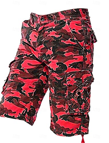  Herren Cargo-Shorts Shorts mit Camouflage-Muster Shorts Sommershorts Bein Kordelzug Mehrere Taschen Klappentasche Tarnung Komfort tragbar Knielang Outdoor Sport Täglich Mode Lässig Armeegrün Rote