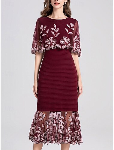  Dress Mother of the Bride Dress Elegant Party Crew Neck Floor Length Cotton Blend Short Sleeve with Embroidery Midi Dress