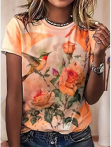  Dame T-shirt Sommertoppe Rose Fugl Klassisk Afslappet Kortærmet Rund hals Crop Tops Daglig Weekend Trykt mønster Regnbue Sommer Forår Efterår