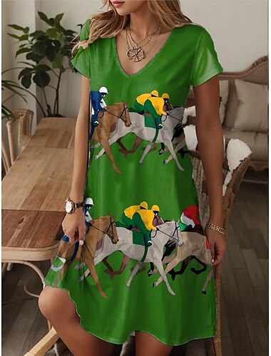  Γυναικείο Μίνι Φόρεμα Kentucky Derby A Γραμμή Φόρεμα T-Shirt Φόρεμα Tee Φόρεμα Καλοκαιρινό Καθημερινό Διακοπές Αρσενικό Τακτική Αντίσταση Γραφικό Ζώου Κοντό Μανίκι V Λαιμό Πράσινο Καλοκαίρι