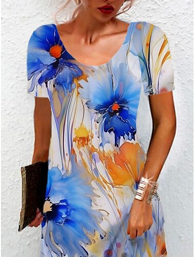  Damen Minikleid Freizeitkleid T-Shirt-Kleid Sommerkleid A Linie Kleid Stilvoll Lässig Strand Normale Passform Blumen Grafik Kurzarm Rundhalsausschnitt Blau Sommer Frühling