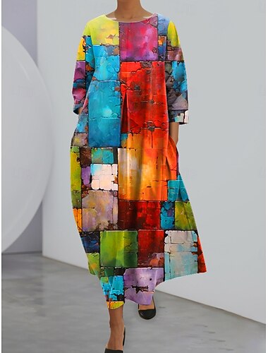  Dames Halflange jurk Hemdjurk Casual Vakantie Dagelijks Ruim Passend Grafisch Geometrisch 3/4 mouw Strakke ronde hals Regenboog Lente Herfst Winter