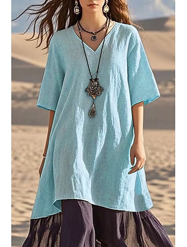  Damen Midikleid Leinen-inspirierte Kleider Baumwoll-Leinenkleid Mode Basic Modern Outdoor Täglich Ferien Normale Passform Farbblock Halbarm V Ausschnitt Schwarz Weiß Orange Leicht Blau Sommer