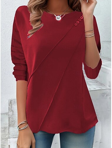  Damen T-Shirt Einfarbig Stylisch Lässig Langarm Rundhals Reguläre Oberteile Täglich Knöpfe Schwarz Gelb Rot Blau Sommer Frühling