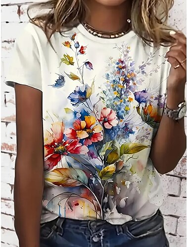  Damen T Shirt Sommeroberteile Blumen Grafik Klassisch Lässig Kurzarm Rundhalsausschnitt Crop Tops Täglich Wochenende Druck Regenbogen Sommer Frühling Herbst