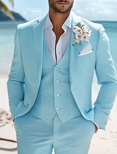  Trajes de boda para la playa de hombre color azul cielo moda casual verano color sólido fit estándar 3 piezas botón único