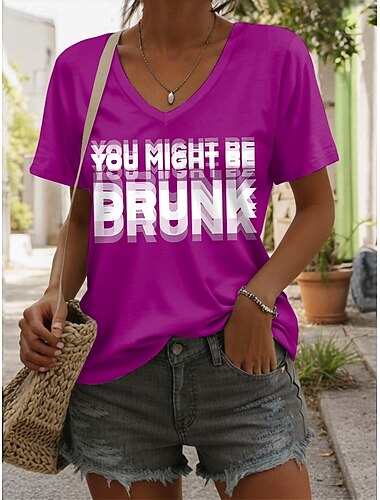  Women's T Shirt Graphic Letter Stylish Casual Short Sleeve V Neck Regular Tops Daily Print Black Red Blue Fuchsia Green Summer DRUNK