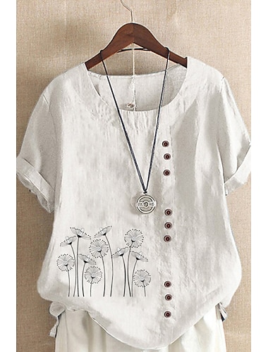  Mulheres Camisa Social Camisas de algodão e linho Blusa Linho de algodão sintético Imprimir Flor Básico Moderno Manga Curta Gola Redonda Tops regulares Diário Feriado Para Noite Azul Branco Amarelo