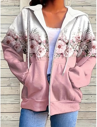  Mujer Talla grande Sudaderas con cremallera Floral Activo Vintage Deportes Manga Larga Con Capucha Tops regulares Casual Festivos Cerrar Correa Bolsillo delantero Rosa Azul Piscina Fucsia Verde Trébol