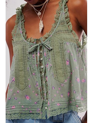  Mujer Camiseta Blusa Plano Moda Sin Mangas Escote en Pico Tops regulares Noche Fin de semana Encaje Negro Blanco Marrón Verde Trébol Verano