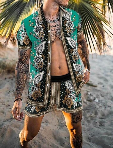  Per uomo Floreale / Fiore 2 pezzi Set di camicie Top estivi Manica Corta Pantaloni corti Collo ripiegato Casual Resort All'aperto Casuale Quotidiano Stampa 3D Estate Verde