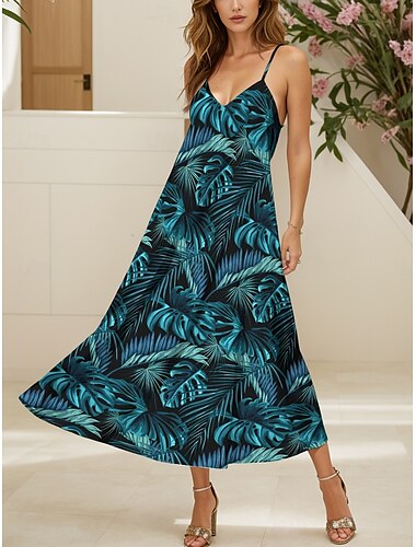  Damen Maxikleid Sommerkleid A Linie Kleid Unterkleid Urlaub Lässig Strand Normale Passform Grafik Blatt Tropisch Ärmellos V Ausschnitt Blau Sommer Frühling