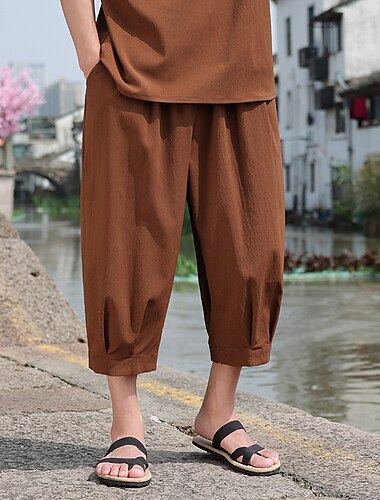  Hombre Pantalones Capri Pantalón corto Pantalones cortos de lino Pantalones cortos de verano Pantalones cortos de playa Correa Cintura elástica Holgado Plano Comodidad Transpirable Medio corto