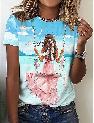  Damen T Shirt Sommeroberteile Grafik Landschaft Klassisch Lässig Kurzarm Rundhalsausschnitt Crop Tops Täglich Wochenende Druck Regenbogen Sommer Frühling Herbst