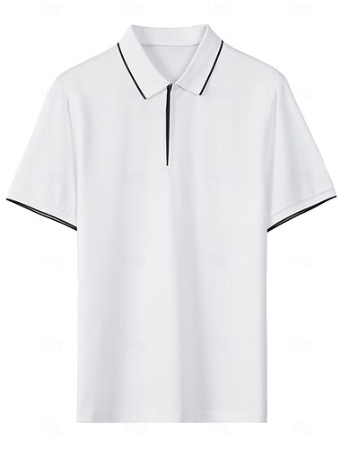  Herren-Poloshirt aus Seide und Baumwolle für Schule und Hochzeit, Viertelreißverschluss, klassisch, kurzärmlig, modisch, modern, mit Reißverschluss und weißem Besatz, Sommer, Frühling, schwarz, weiß, hellgrau, dunkelgrau