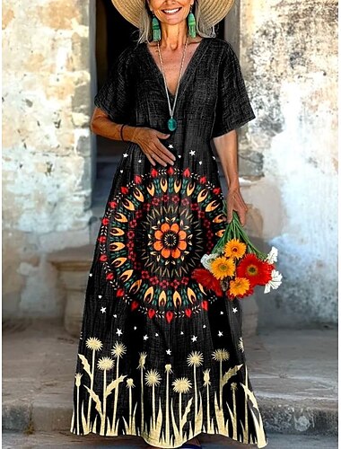  Abito maxi da donna Abito da sole Abito a linea Vacanza Casual Vacanza Quotidiano Vestibilità regolare Grafica Geometrica Paisley Manica corta Scollo a V Nero Primavera Autunno
