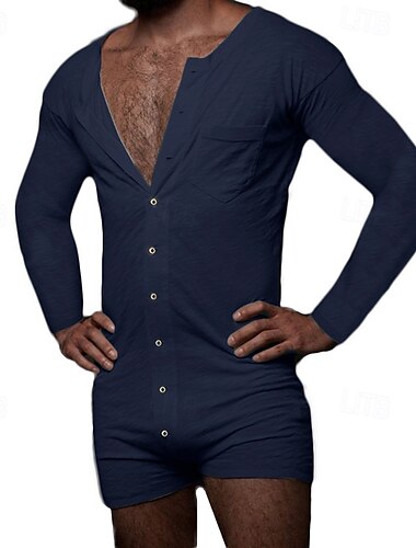  Herren Bodysuit Shorts und T-Shirt-Set Langarm Rundhalsausschnitt Sommer Einfarbig Gymnastik Lässig Einteilig Knopf vorne Dünn Urlaub Alltagskleidung Schwarz Weiß Marinenblau Top T-Shirt für Herren