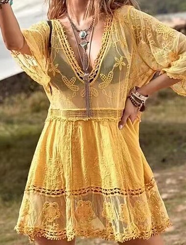  Damen Badeanzüge Cover Up Schwimmdress Badeanzug Spitze Patchwork Urlaub Strandmode Einfarbig V-Ausschnitt Langarm Bademode