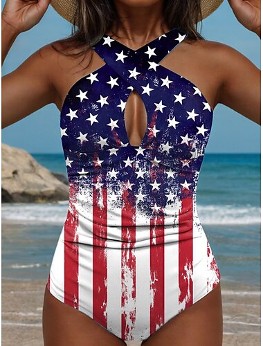  Onafhankelijkheidsdag Vrouwen Badmode Eén Stuk Patriottische Vierde Juli Monokini Badpakken Rugloos Buik Controle Hoge Taille Slank Vakantie Strandkleding Vlag U Hals Mouwloze Badmode