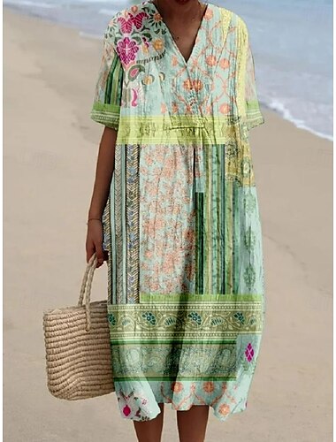  Damen Midikleid Sommerkleid Urlaub Lässig Strand Täglich Ausgehen Lässiger Schnitt Grafik Stammes Kurzarm V Ausschnitt Rosa Purpur Grün Sommer