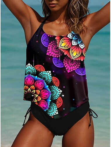  Damen Badeanzüge Tankini 2-teilig Freche Badeanzüge Rückenausschnitt Urlaub Strandmode Ombre U-Ausschnitt Ärmellose Badesuits