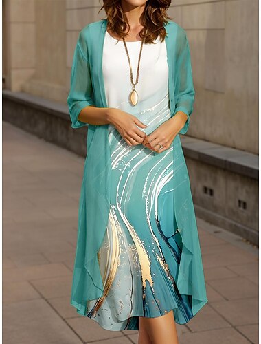  Robe de Graduation Femme Robe Midi 2 Pièces Ensemble de Robe Robe A Ligne Robe d'Été Vacances Décontractée Ombre Graphique Imprimé Plissé Manches Mi-Longues Col Rond Vacances Quotidien Vert Printemps