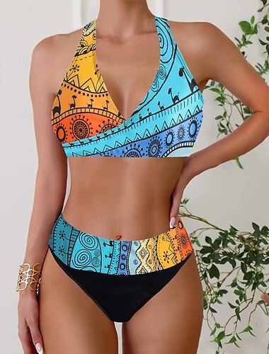  Damen Übergröße Badeanzug Bikini Tankini Zweiteilig Freche Unterhose Bademode Tiefes V Push-Up Gestrickt Stilvoll Strandbekleidung Leopard Farbblock Stürzen Ärmellos Badeanzüge
