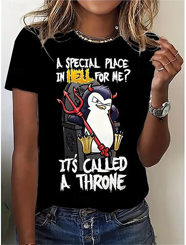  Damen T Shirt Sommeroberteile Tiermotiv Monster Klassisch Lässig Kurzarm Rundhalsausschnitt Crop Tops Täglich Wochenende Druck Schwarz Sommer Frühling Herbst