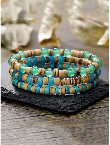  handgefertigtes Armband-Set aus Natursteinperlen für Männer – Wickelarmband aus Holz und Türkis im Boho-Surfer-Stil, verstellbarer Tribal-Schmuck für Strand, Reisen und Freizeit