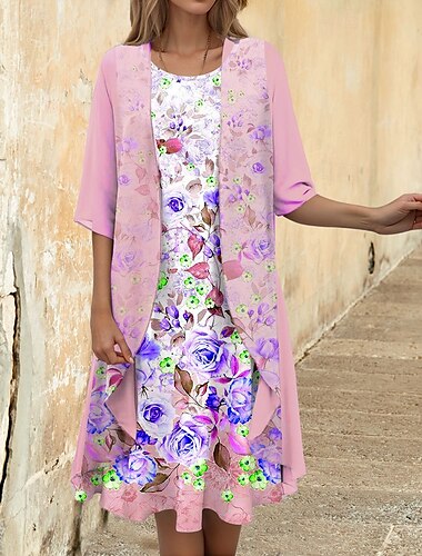 Damen Abschlusskleid Midi Kleid 2 Teile Kleid Set A-Linie Kleid Urlaub Lässig Floral Grafik Print Halbarm Rundhalsausschnitt Alltag Rosa Lila Grün Sommer Frühling Lockere Passform