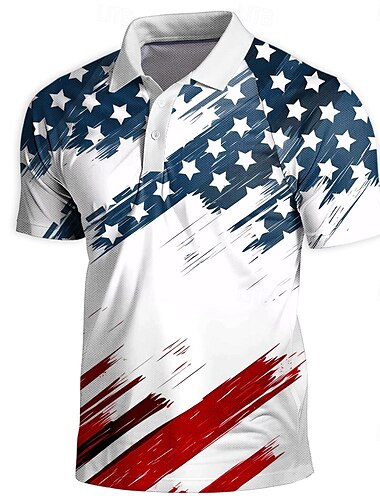  Jour de l'Indépendance Américaine Homme Drapeau Américain Polo Manche Courte Polos Chemises à Col ancien Occasionnel Extérieur Athleisure Boutons Impression 3D Été Blanche Bleu Bleu de minuit