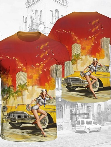  T-Shirt-Ärmel T-Shirt Retro Poster Retro-Mädchen Grafik Für Herren Erwachsene Maskerade 3D-Druck Urlaub Party